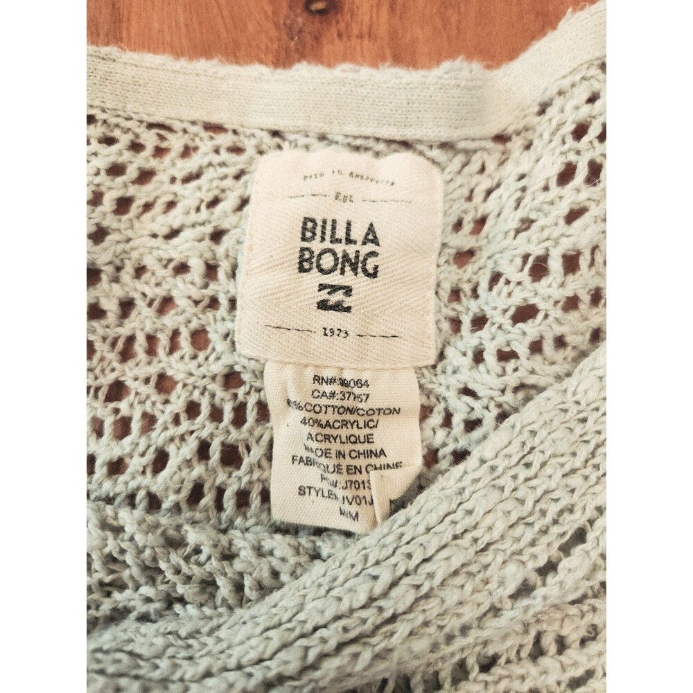 Billabong Womens Medium Sage Green Open Knit Batwing Beach Boho Coastal Sweater - Picture 2 of 5